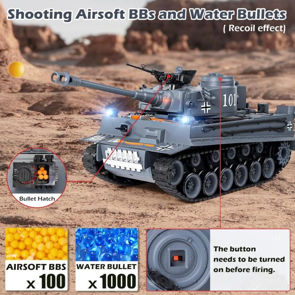 1:18 Remote Control Tank, 2.4Ghz WW2 German Tiger I RC Tank Model Toys, Battle Army Tank 15 Channel with Smoke Light and Sound, Military Toy for Adults and Kids That Shoots BBS and Water Bombs - Image 4