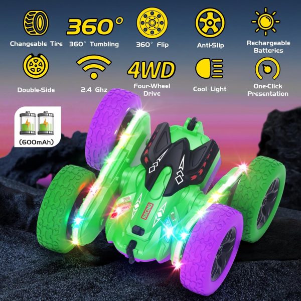 Remote Control Car, RC Cars, RC Stunt Car Toys with New Upgraded Strip Light & Headlight, RC Cars for Boy Girl Gifts with 2.4Ghz, 600mAh, 4WD, 90 Min Playtime, 360° Rotating, Double Sided - Image 6