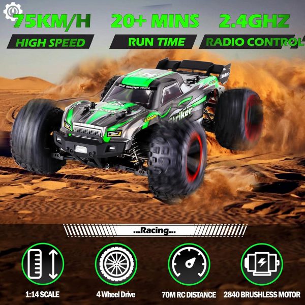 1:14 Scale RC Cars 75 KMH Brushless Remote Control Car 4X4 Fast RC Truck for Adult Boys 2.4 GHz All Terrains RC Buggy Off-Road Hobby RC Trucks RC Monster Trucks with 2 Batteries (Green) - Image 3