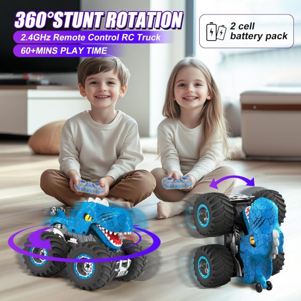 Dinosaur Remote Control Car for Kids, 2.4GHz 360° Rotating RC Monster Truck Toys for Boys Girls Age 4-7 with Spray, Light & Sound, All Terrain Stunt Cars with 2 Batteries, Birthday Gifts for Kids 6-12 - Image 6