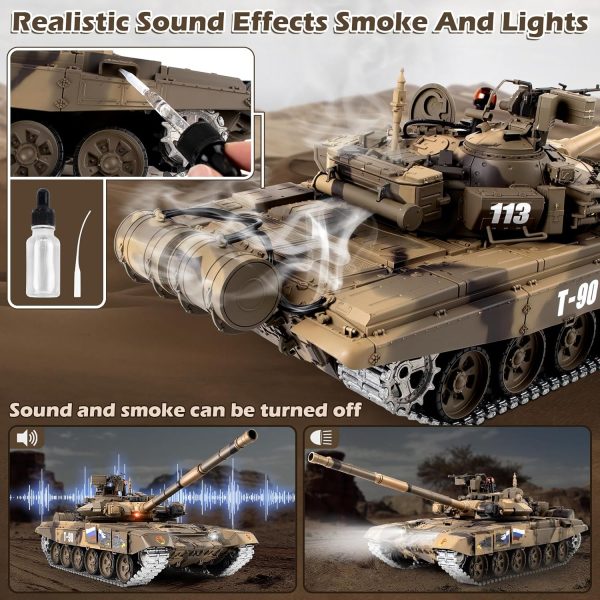 1/16 RC Tank, Russian T90 Army Toy with Smoke, Sound and Lights, Remote Control Tank That Shoots with Upgraded Metal Tracks, Idler and Sprocket Wheel, Steel Gearbox, Rechargeable Batteries*2 - Image 4