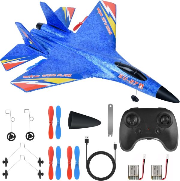 RC Gravity Gliders Airplane, Remote Control Plane Su-27 RC Airplane-2.4Ghz 6-axis Gyro RC Airplane with Light Strip, 2 Batteries Easy to Fly Jet Fighter Toy Gift for Kids Beginner (Blue) - Image 2