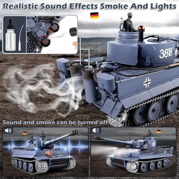 1/16 RC Tank, Metal Tiger I Army Toy with Smoke, Sound and Lights, Remote Control Tank That Shoots with Upgraded Metal Tracks, Idler and Sprocket Wheel, Steel Gearbox, Rechargeable Batteries*2 - Image 4