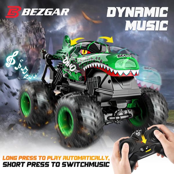 BEZGAR Monster Truck Toys - Remote Control Monster Truck with Light & Music, Dinosaur Toys for Kids, 1:20 Scale RC Truck with 360° Spins and Drifting, Remote Control Car for Boys 4-7 - Image 6