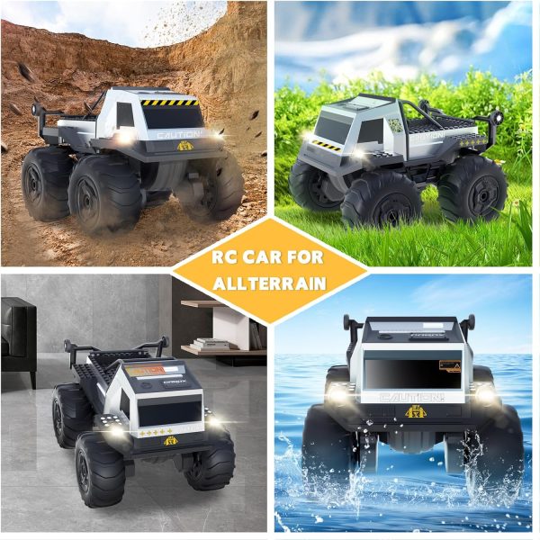 Carox 1:16 Amphibious Remote Control Car, 2.4GHz Waterproof RC Monster Truck with Building Blocks, DIY Sticker, Lights, All Terrain 4WD Off-Road Car Gifts Presents for Boys/Girls Ages 6, 7, 8 - Image 7