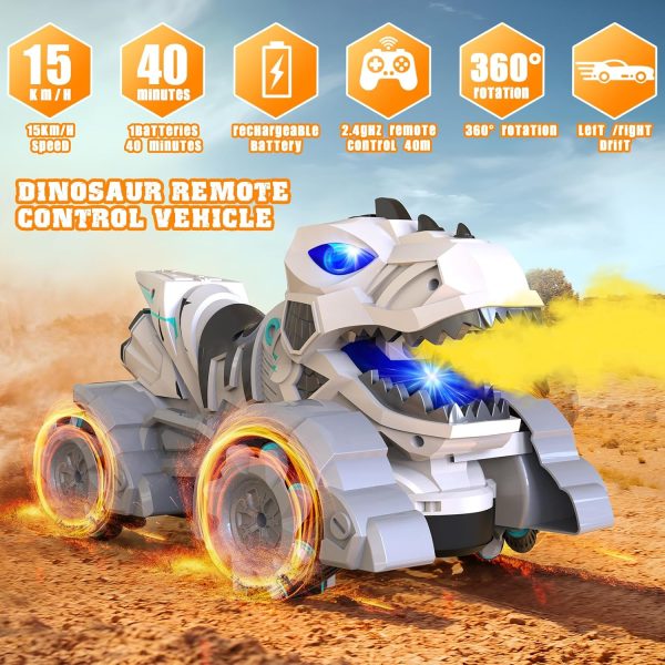 Remote Control Cars Dinosaur Trucks, 2.4 GHz Rechargeable RC Cars Dinosaur Toys for Boys Kids Age 4-7 8-12 With Light Sound Spray, 360°Rotation Drift 1:14 RC Dino Monster Truck, Gifts for Boys (White) - Image 3