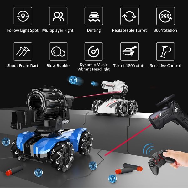 RC Tank Car,Rc Car That Shoot,2 Heads That Shoot Nerf Bullet (Foam Dart), Make Bubble, Remote Control Tank for Adult, 4WD Battle Stunt Car with 360°Rotating, LEDs, Music, Toy Gift for Boys 6+ - Image 7