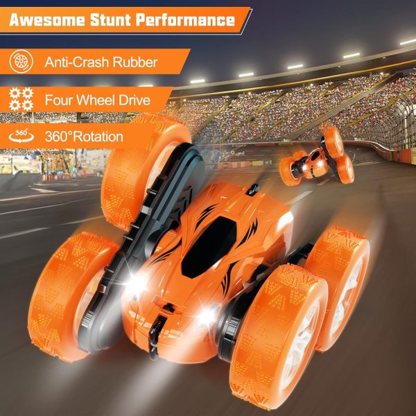 Remote Control Car, RC Cars Toys for Ages 4-7, 2.4GHz 4WD Fast RC Car Kids Toys for Ages 8-12, Double Sided 360°Rotating Monster Truck Toys for Girls RC Truck Toy Cars for Boys, Orange - Image 4