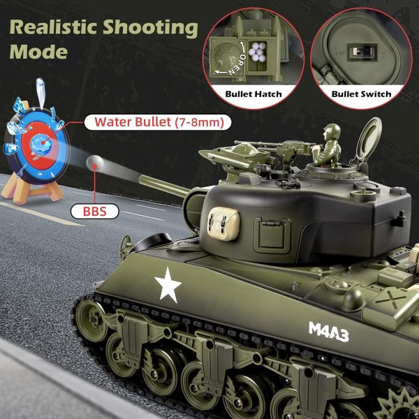 1/18 RC Tank, Sherman M4A3 Remote Control Tank with Sound & Somke & BBS & Water Bombs & Recoil Force, 2.4 GHz Army Tank Toys for Adults & Kids - Image 5