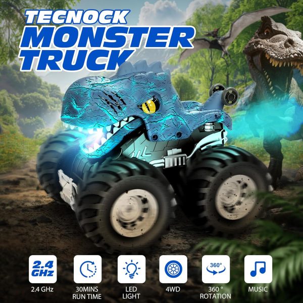 Tecnock Remote Control Monster Trucks Car, 360° Rotating RC Cars for Boys, 2.4GHz Dinosaur Toys with Spray, Light & Sound, Toys for Kids 6 7 8 Year Olds, Gift for Boys and Girls - Image 3