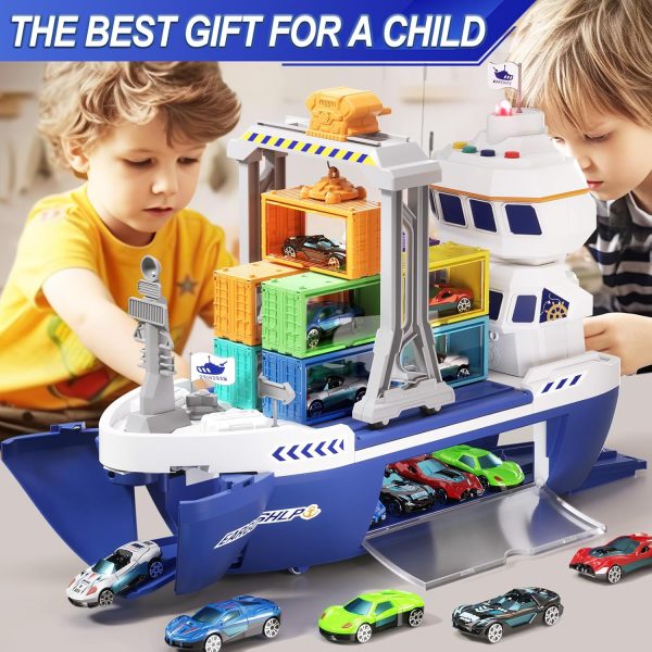 Toy Boat for Kids 3-5,Container car Set and Catapult car Device,The Gantry Crane Device,Cargo Ship with Sounds and Lights,Large Capacity car Storage, Age 4-7 Boys Girls Birthday Present - Image 8