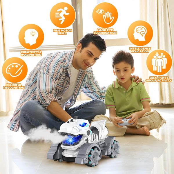 Remote Control Cars Dinosaur Trucks, 2.4 GHz Rechargeable RC Cars Dinosaur Toys for Boys Kids Age 4-7 8-12 With Light Sound Spray, 360°Rotation Drift 1:14 RC Dino Monster Truck, Gifts for Boys (White) - Image 6