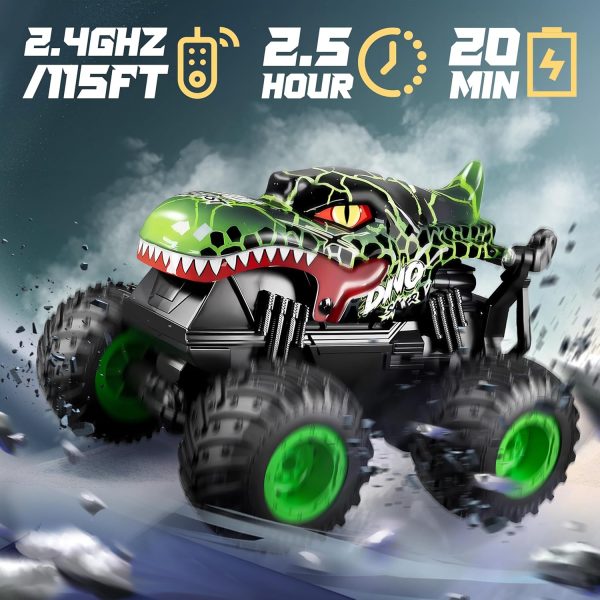 BEZGAR Monster Truck Toys - Remote Control Monster Truck with Light & Music, Dinosaur Toys for Kids, 1:20 Scale RC Truck with 360° Spins and Drifting, Remote Control Car for Boys 4-7 - Image 3