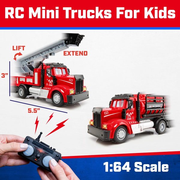 Force1 Mini RC Firetrucks Toys for Kids - 2 Pack Remote Control Kid Fire Truck Toy Set with Mini Water Tank and Boom Toy Fire Trucks for Boys or Girls, Rechargeable 2.4GHz Remote Firetruck with Lights - Image 3