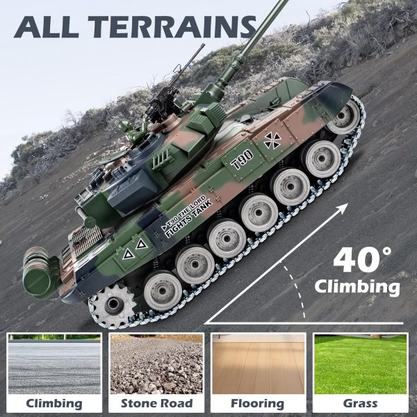 RC Tank, 1:18 RUS T-90 Alloy Metal Remote Control Model Army Tank Toys, 2.4Ghz Military Tank with Smoke, Sound and Lights, RC Vehicle That Shoots BBS and Water Bombs for Adults and Kids - Image 6