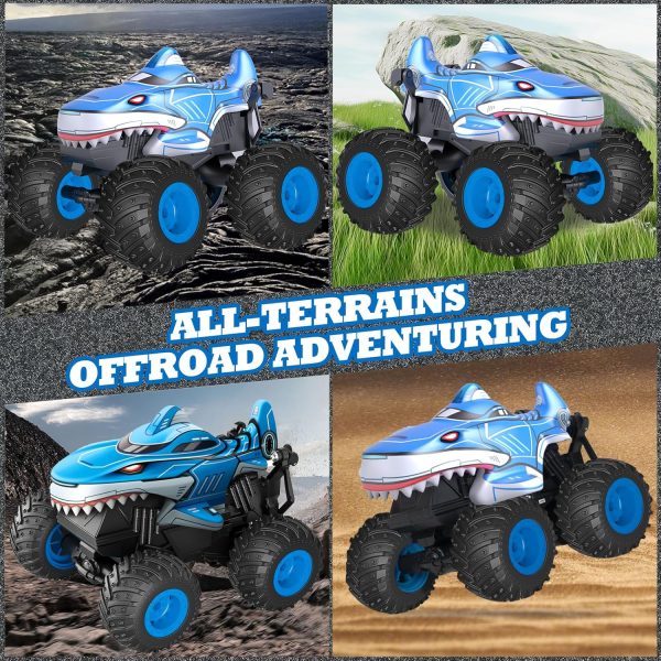 Monster Truck Toy, Shark & Dinosaur Remote Control Car, 2.4Ghz Rchargeable Rc Truck with Music,Lighting Effect,360° Rotating Stunts RC Car Toy for Kids 3-5 6 7 8-12 - Image 3