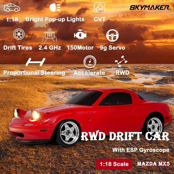 Skymaker LDRC Mazda MX5 Miata RC Drift Car 1/18, 2.4GHz Drifting with Gyro Pop-up Lights, RWD Drift Car for Adult Gift (Red with 2 Batteries) - Image 3