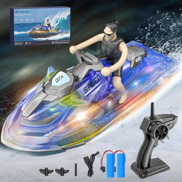 Whimsyland RC Boats for Kids 6+, 2.4GHZ Mini Remote Control Jet-ski with Dual Motors & Led Lights Lakes & Swimming Pool Toys, 2 Rechargeable Batteries, Blue - Image 2