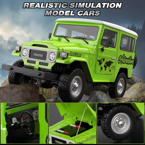 RC Crawler Model 1/18 4WD Officially Licensed Toyota FJ-40 RC Cars, 2.4Ghz 600mAh RC Rock Model Truck with Exhaust System,Hobby Grade RC Car Model Off Road Vehicle with Light & Sound (Green) - Image 6