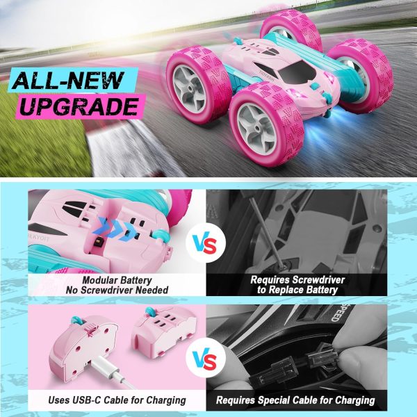 Remote Control Car, Pink RC Cars for Girls, 2.4 GHZ Double Sided RC Stunt Car 360° Rotating Remote Control Crawler with Headlights Car Toys for 6 7 8 9 10 11 12 Girls Birthday - Image 5