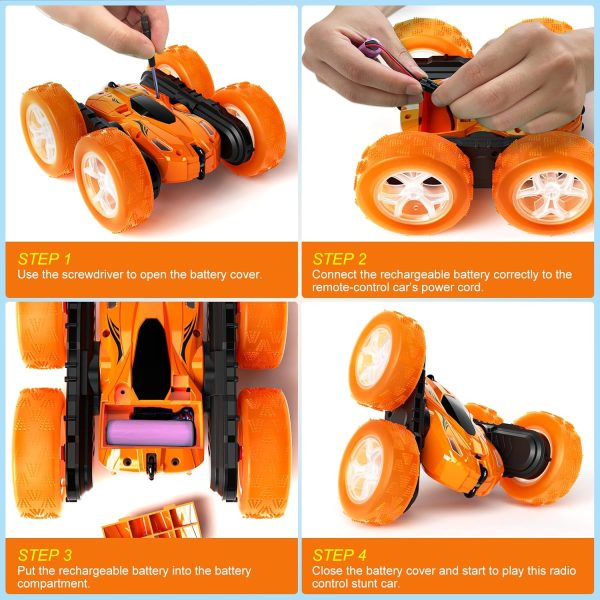 Remote Control Car, RC Cars Toys for Ages 4-7, 2.4GHz 4WD Fast RC Car Kids Toys for Ages 8-12, Double Sided 360°Rotating Monster Truck Toys for Girls RC Truck Toy Cars for Boys, Orange - Image 9