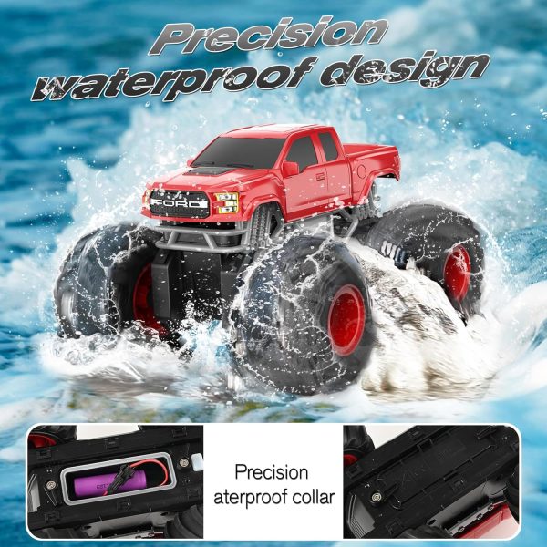 DOUBLE E Ford Amphibious RC Monster Trucks Waterproof Remote Control Car 4WD All Terrain Car for Kids 4-12,2.4Ghz RC Cars Pool Toys Gifts for Kids, Red - Image 6