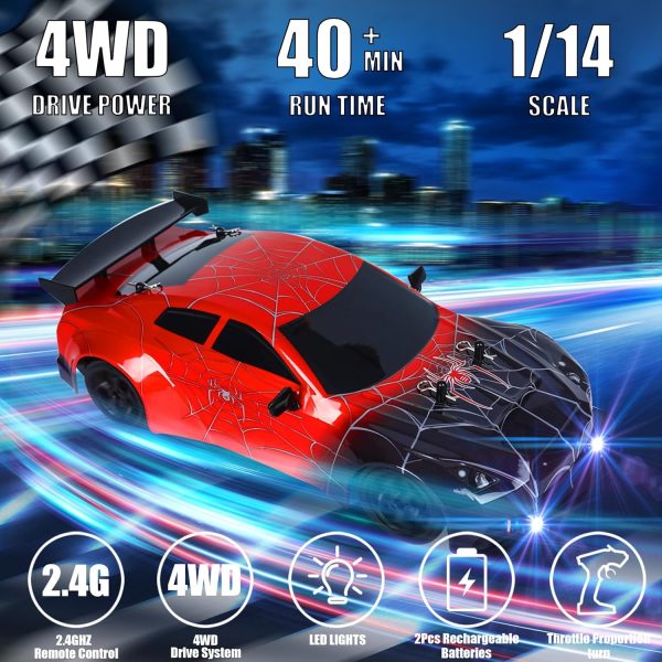 Spider RC Drift Car, 1:14 Monster Truck Remote Control Drift Car with Full Proportional Throttle 4WD GT Drift RC Cars with Cool Light Vehicle RC Drifting Car Gifts Toy for Adults Boys Kids - Image 4