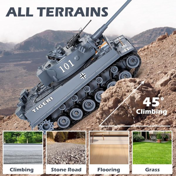 1:18 Remote Control Tank, 2.4Ghz WW2 German Tiger I RC Tank Model Toys, Battle Army Tank 15 Channel with Smoke Light and Sound, Military Toy for Adults and Kids That Shoots BBS and Water Bombs - Image 7