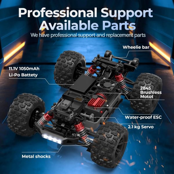 BEZGAR HP161S 1:16 4X4 RTR Brushless Fast RC Cars for Adults - High Speed Max 68kph Off-Road Brushless RC Truck, Electric Hobby Grade RC Monster Truck with 3S Battery Gifts for Boy Age 8-12 and Adults - Image 5