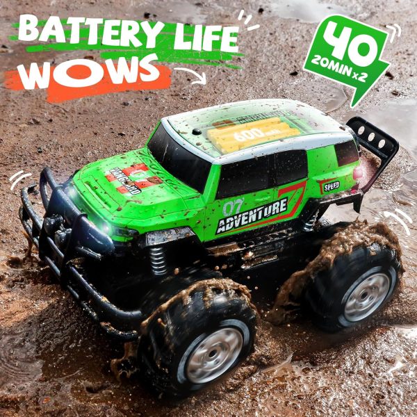 Ruko 1601AMP2 Amphibious Remote Control Car, 1:10 RC Car Toys for Boys, IPX6 Waterproof Monster Truck with Lights for All Terrain, 2 Rechargeable Batteries, Gifts for Kids (Green) - Image 4