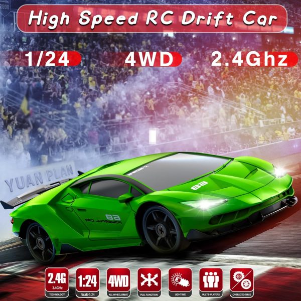 Remote Control Car RC Drift Car, 1/24 2.4GHz 4WD RC Cars Mini Remote Control Drift Car for Adults, High Speed Racing Car with 2 Rechargeable Batteries Extra Tires Toy Car for Boys - Image 3