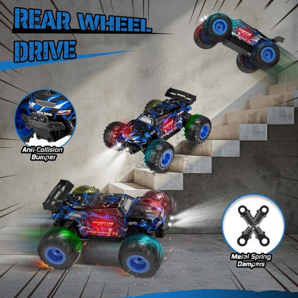 Remote Control Car, Rc Cars, Multi-Terrain RC Truck, 2.4GHz 2WD 20KM/H Two Speed Remote Control Monster Truck with Headlight and Bodylight Rechargeable Truck Toys for Kid - Image 8