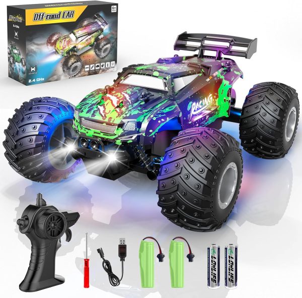 Remote Control Car, 1:18 Scale All Terrain RC Cars, 2WD 20Km/h with Colorful LedLight and Two Rechargeable Batteries, Remote Control Monster Truck Off Road Racing Car Toys for Kids and Boys - Image 2