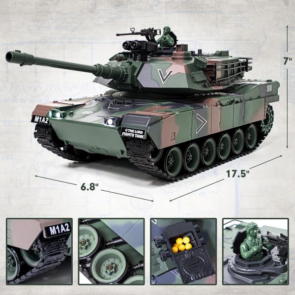 1:18 RC Tank, 2.4Ghz M1A2 Remote Control Tank Model Toys, 15 Channel Battle Army Tank with Smoke, Light, Sound, Volume Switch, Military Toy for Adult and Kid That Shoots BBS and Water Bombs - Image 7