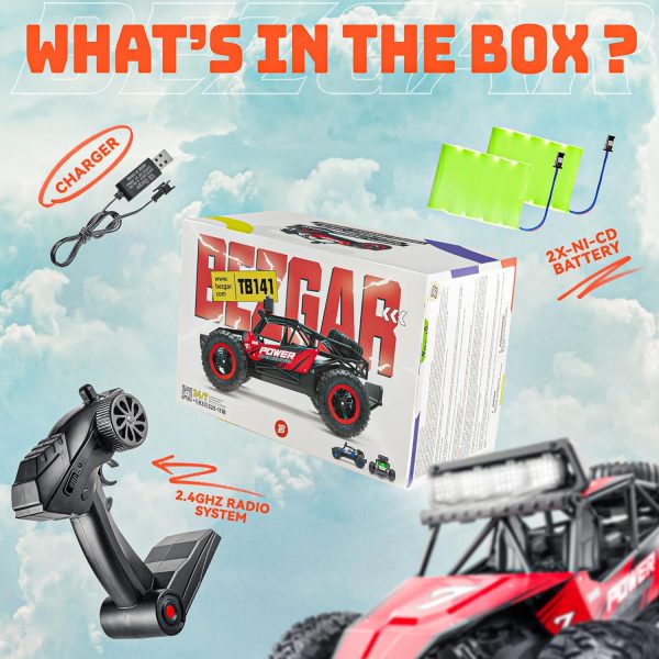 BEZGAR TB141 RC Cars -1:14 Rc Cars for Boys Age 4-7 with Two Rechargeable Batteries, Fast Rc Monster Truck for Kids & Adults, All Terrains Remote Control Car for Boys 8-12 with LED Headlight (Red) - Image 4