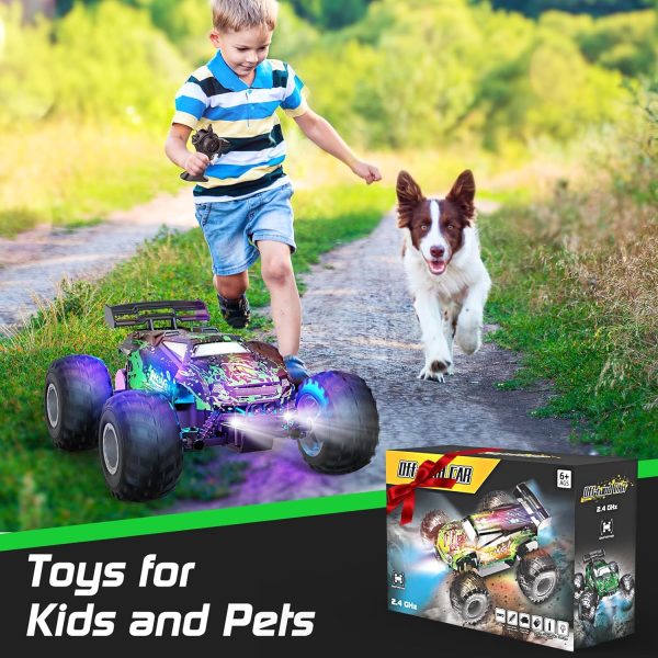 Remote Control Car, 1:18 Scale All Terrain RC Cars, 2WD 20Km/h with Colorful LedLight and Two Rechargeable Batteries, Remote Control Monster Truck Off Road Racing Car Toys for Kids and Boys - Image 8