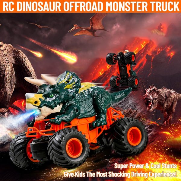 Remote Control Dinosaur Car for Boys, 2.4Ghz RC Monster Truck Toys All Terrain Hobby Dino RC Car with Spray Light Sound, Birthday Gift for 3-12 Year Old Kids (Green) - Image 3