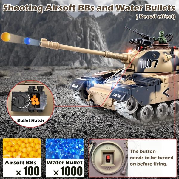 RC Tank, 1:18 Alloy Metal US M60 Remote Control Army Model Toys That Shoots BBS and Water Bombs, 2.4Ghz RC Vehicle with Smoke, Sound and Lights, Military Tank for Adults and Kids 6+ Year Old - Image 5