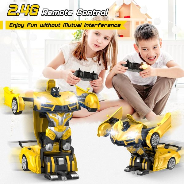 Remote Control Car，Transform Robot RC Cars with Cool LED Headlights, 2.4Ghz Toys Car with 360 Degree Rotation and One-Button Deformation, Christmas Birthday Gifts for Boys Girls(Yellow) - Image 5