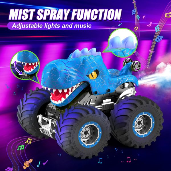 Dinosaur Remote Control Car for Kids, 2.4GHz 360° Rotating RC Monster Truck Toys for Boys Girls Age 4-7 with Spray, Light & Sound, All Terrain Stunt Cars with 2 Batteries, Birthday Gifts for Kids 6-12 - Image 3