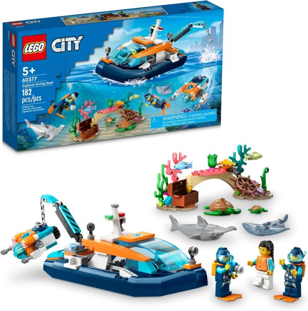 LEGO City Explorer Diving Boat 60377 Ocean Building Toy, Includes a Coral Reef Setting, Mini-Submarine, 3 Minifigures and Manta Ray, Shark, Crab, 2 Fish and 2 Turtle Figures - Image 2