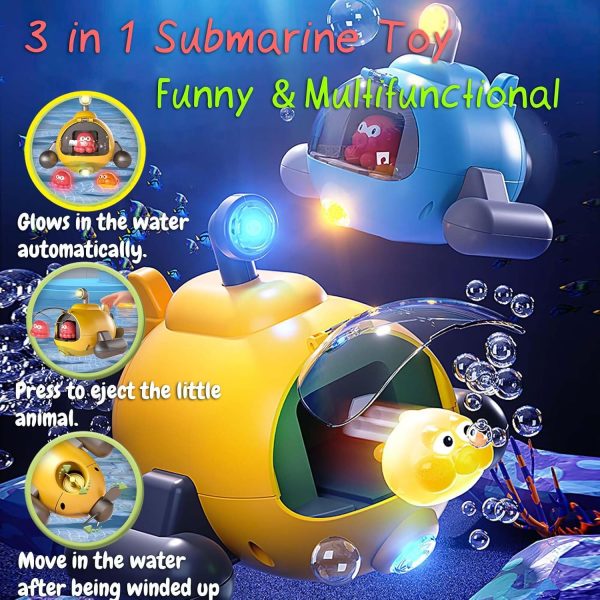 Multifunctional Submarine Bath Toy, 3 in 1 Submarine Water Toy Bathtub Wind-up Submarine | Moves in The Water | Ejects Little Animal | Glows in The Water Automatically (Yellow) - Image 3