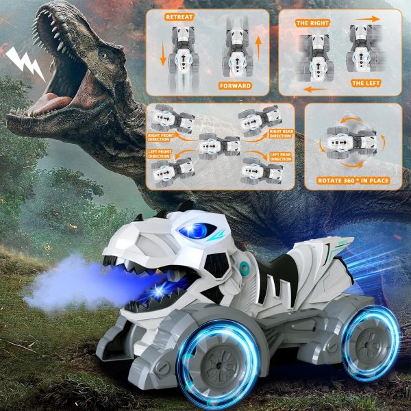 Remote Control Cars Dinosaur Trucks, 2.4 GHz Rechargeable RC Cars Dinosaur Toys for Boys Kids Age 4-7 8-12 With Light Sound Spray, 360°Rotation Drift 1:14 RC Dino Monster Truck, Gifts for Boys (White) - Image 5