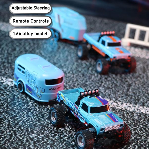 Mini Rc Monster Truck, Mini Rc Truck with Trailer, Mini Rc Monster Truck with Trailer, 1/64 Rc Truck Scale Monster Truck Remote Control Car, 2.4 Ghz Rc Monster Truck (with Trailer Blue) - Image 3