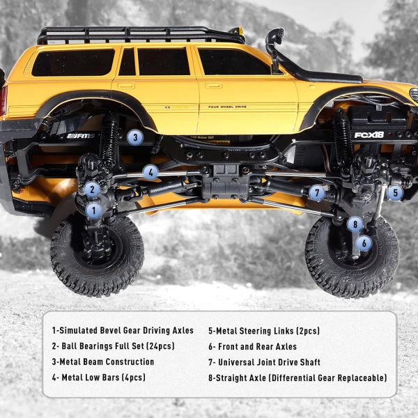 BEEZRC FMS RC Crawler 1/18 FCX18 Land Cruiser LC80 RTR Toyota Licensed 4WD RC Rock Truck 2.4Ghz 900mAh Hobby Grade RC Car Model Mini Remote Control Car Off Road Vehicle FMS11831RTRYL (Yellow) - Image 3