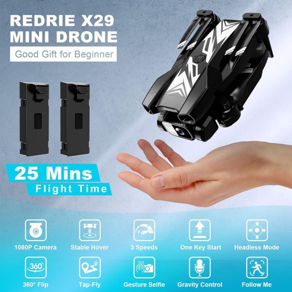 Mini Drone with Camera for Kids Adults-1080P FPV Camera Foldable Drone with Stable Altitude Hold, Gestures Selfie, Waypoint Fly, Auto-Follow, 3D Flip, One Key Start, 3 Speeds, 2 Batteries - Image 7