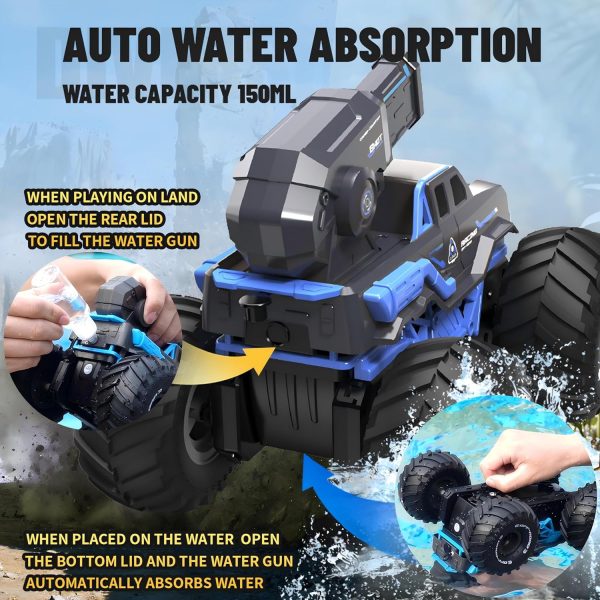 1:16 4WD Remote Control Monster Truck All Terrain Amphibious RC Car Boat with Water Spray Gun Two Batteries Waterproof and Durable Electric RC Truck for Boys and Girls for Kids Ages 6+ - Image 9