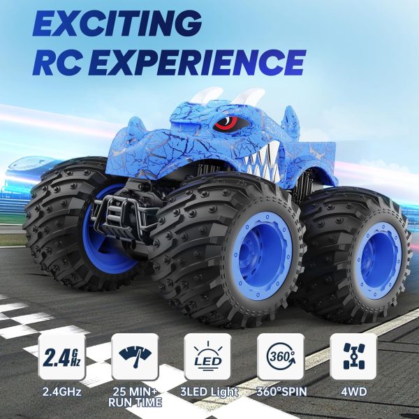 BAODLON Remote Control Monster Car, 2.4GHz RC Monster Trucks Toys for 3 4 5 6 7 8 Years Old Boys Kids, All Terrain RC Truck Off Road with Spray, Light, Rechargeable Battery, Christmas Birthday Gifts - Image 3