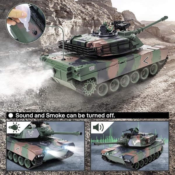 1:18 RC Tank, 2.4Ghz M1A2 Remote Control Tank Model Toys, 15 Channel Battle Army Tank with Smoke, Light, Sound, Volume Switch, Military Toy for Adult and Kid That Shoots BBS and Water Bombs - Image 4