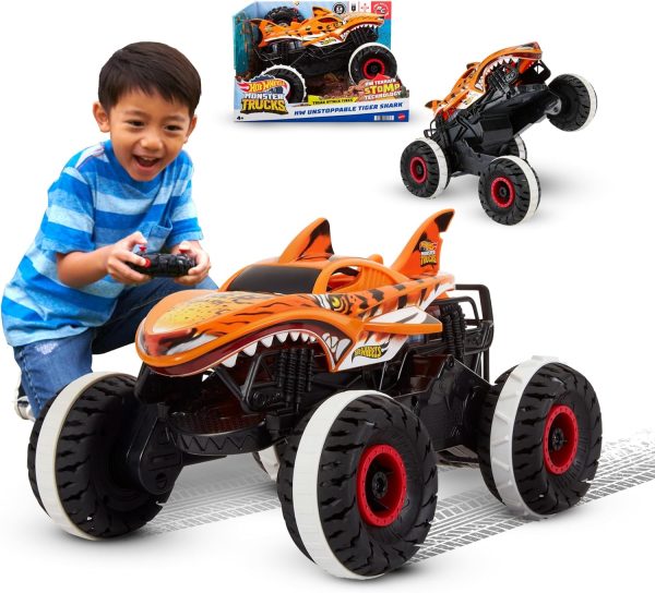 Hot Wheels RC Toy, Remote-Control Monster Trucks Unstoppable Tiger Shark in 1:15 Scale with Terrain Action Tires - Image 2